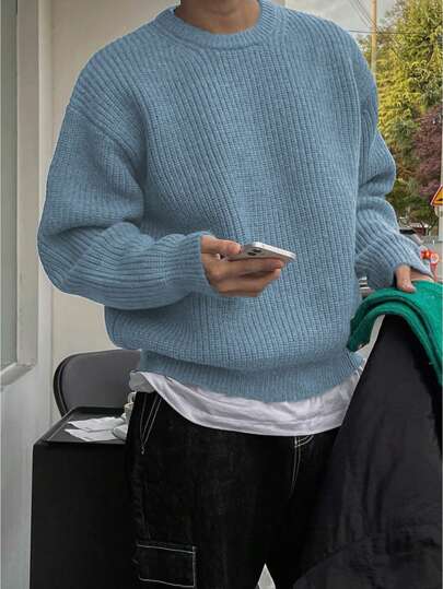 Leichter, lässiger Jacquard-Strick Oversize Unisex Pullover, warm für Herbst & Winter, koreanischer Stil, minimalistischer Rundhals Langarm Pullover