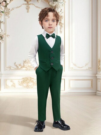 4pcs Young Boy Spring New Formal Outfit, White Shirt, Solid Color Vest, Bow Tie, Pants, Slim Fit, Suitable For Party, Wedding, School, Boys Formal Suit