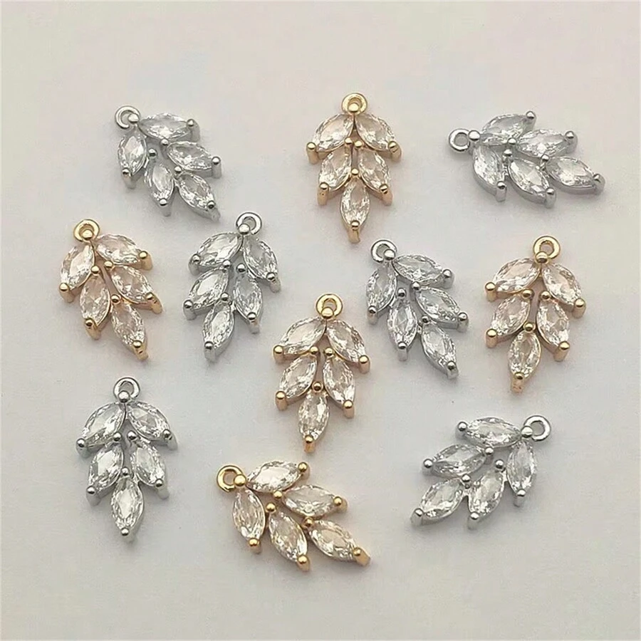 5pcs Copper Zirconia Stone Leaf Pendant Charms, DIY Necklace Earring Tassel Jewelry Accessories