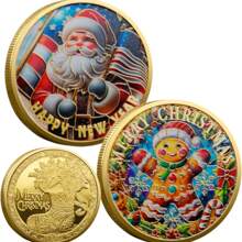 圣诞老人举着“圣诞快乐，新年快乐”的旗帜。姜饼人拥抱，圣诞袜，挑战币 - 金色 - 查看 11