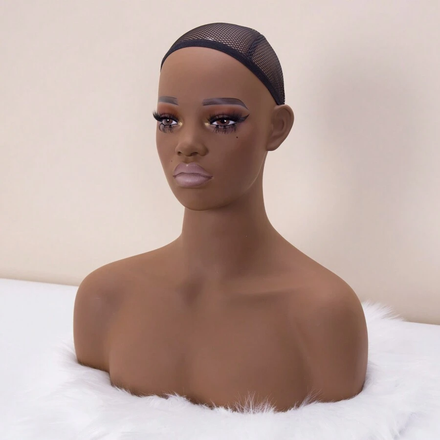 JINGFA PVC Premium Half Body Mannequin Head With Shoulders - Wig Head Stand Perfect For Displaying Wigs, Hats, And Jewelry- Medium Brown Realistic Makeup DH-YH2 - 咖啡棕 - 查看 1