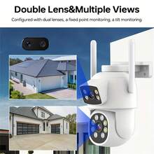 1 pieza Cámara de seguridad inalámbrica WiFi de doble lente 2.4G/5G para exteriores, monitoreo de video dual 4MP (2MP+2MP), PTZ de 360° inalámbrico de visión completa, con detección de movimiento, visión nocturna a color, seguimiento móvil, audio bidireccional, alimentada por USB, montaje en pared, control por aplicación, adecuada para hogar/ancianos/bebés, compatible con almacenamiento en la nube y tarjeta TF (tarjeta no incluida) - Multicolor - Ver 12