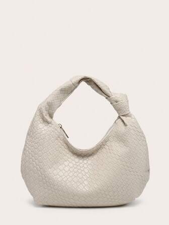 女士纯色新月形手提包，百搭时尚，配有打结单手柄，适合腋下携带和旅行。