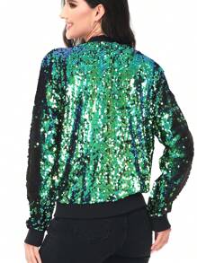 Womens Sequin Long Sleeve Front Zip Jacket With Ribbed Cuffs Bomber For Party - Green - View 2