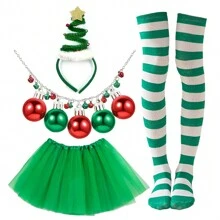 Kerstfeestaccessoiresset van 4 stuks - Kerstboomhoofdtooi, groene tutu van tule, gestreepte kousen, belketting - Feestelijke kostuumbenodigdheden voor dames