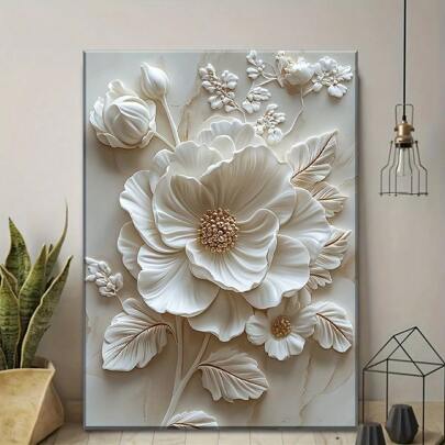 1 Piece Embossed White Floral Oil Painting Art - Framed Abstract Floral Wall Decor For Living Room, Bathroom, Office, Etc. - Perfect Gift For Halloween, Christmas, New Year - Canvas Material,Wall Art,Poster