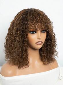 Human Hair Curly Bob Wigs With Bangs Water Wave Remy Human Hair Wig Non Lace Machine Made Glueless Wig For Women Highlight Brown Colored 180% Density - S4/30/27 - View 3