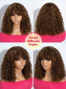 Human Hair Curly Bob Wigs With Bangs Water Wave Remy Human Hair Wig Non Lace Machine Made Glueless Wig For Women Highlight Brown Colored 180% Density - S4/30/27 - View 5