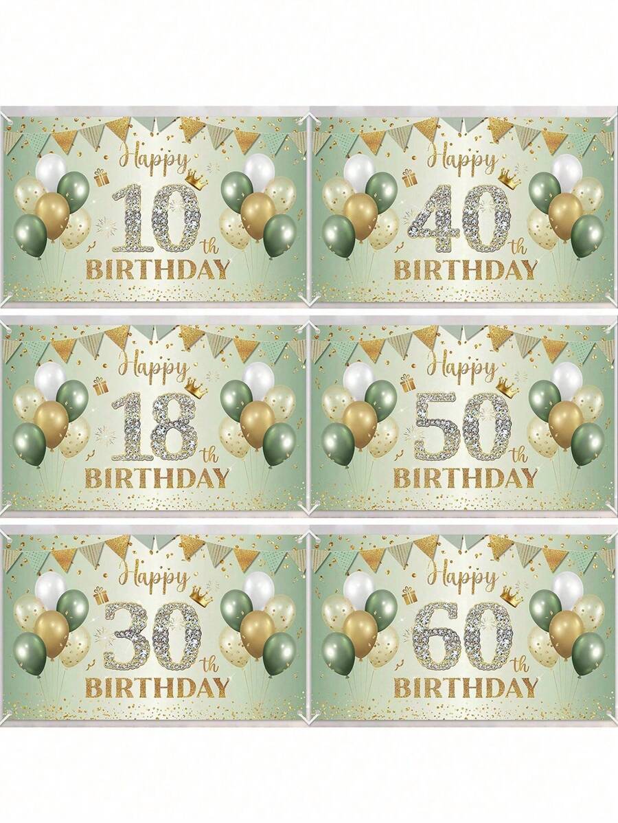 TYFYO 1件生日派对背景布，派对装饰横幅，周年庆典生日派对装饰，绿色乡村风格背景上镶嵌水钻数字，适用于1岁至90岁生日、圣诞节及其他场合