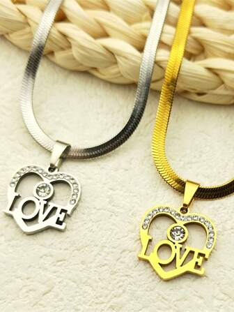 时尚心形爱心水钻项链 男女款不锈钢金色银色情侣链珠宝礼物