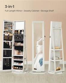 SONGMICS 360° Swivel Jewelry Cabinet, Lockable Jewelry Organizer With Full-Length Mirror, Rear Storage Shelves, Interior Mirror, Jewelry Armoire, Gift Idea - 白色 - 查看 3