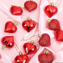 12pcs Classic Plastic Heart Shaped Ornaments, 1.77 Inch Matte And Glossy Red Hanging Decorations, Suitable For Valentine's Day, Mother's Day, New Year, Parties And Weddings, Indoor And Outdoor Decor Best Gifts Birthday - Multicolor - View 2
