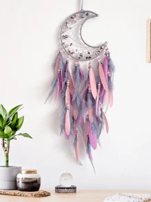 1 Pc Moon Faux Pearl Crystal Chip Dream Catcher Wall Hanging Decor, Handmade Wind Chime Suitable For Home, Study, Balcony, Wedding Party Decoration (Feather Is Artificial) Festival Decoration Rama, Home Decor, Room Decor, Wall Decor Gifts Birthday Graduation