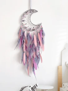 1 Pc Moon Faux Pearl Crystal Chip Dream Catcher Wall Hanging Decor, Handmade Wind Chime Suitable For Home, Study, Balcony, Wedding Party Decoration (Feather Is Artificial) Festival Decoration Rama, Home Decor, Room Decor, Wall Decor Gifts Birthday Graduation
