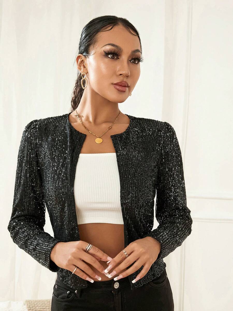Women Sequin Jacket Solid Color Long Sleeve Open Front Crop Cardigan For Club Party - Black - View 1