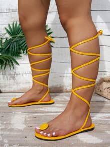 女士时尚休闲露趾防滑交叉带性感罗马凉鞋、沙滩凉鞋、旅行和步行凉鞋 - 黃色 - 查看 4