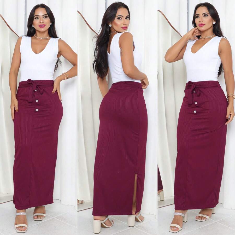 Long Skirt With Tie And Ribbed Side Slit Summer! - 紅木色 - 查看 1