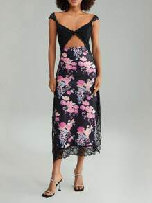 Women's Y2K Summer Bodycon Maxi Dress Floral Print Lace Patchwork Long Dress Sleeveless Backless V Neck Party Dress Beach Vacation Sundress - 黑色 - 查看 2