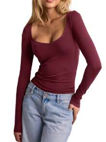 Women Long Sleeve Square Neck T Shirt Lace Trim Low-Cut Slim Fit Basic Tee Tops Streetwear - 酒紅色 - 查看 1