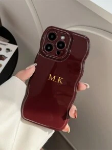 1 件定制简约波浪硅胶手机壳，个性化字母名称，韩国简约纯色防震情侣手机壳 - 酒紅色 - 查看 4