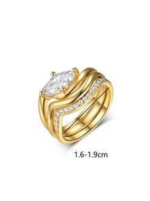 3pcs Set Luxury S925 Silver Horse Eye Zirconia Wave Design Ring Set, Elegant For Engagement, Wedding, Party, Daily Wear, Halloween And Holiday Gift