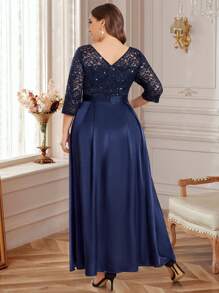 Vestido de noche formal de satén con volantes, parches de encaje y lentejuelas de colores contrastantes, elegante vestido de fiesta formal, vestido de invitada de boda, adecuado para ceremonias de graduación, cenas de gala y otras ocasiones - Azul Marino - Ver 2
