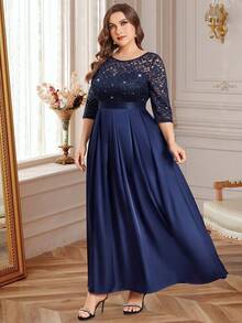 Vestido de noche formal de satén con volantes, parches de encaje y lentejuelas de colores contrastantes, elegante vestido de fiesta formal, vestido de invitada de boda, adecuado para ceremonias de graduación, cenas de gala y otras ocasiones - Azul Marino - Ver 6
