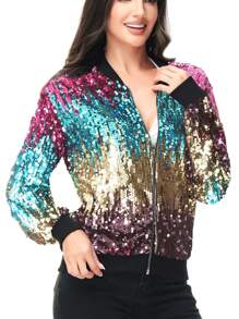 Chaqueta de manga larga con cremallera frontal y puños acanalados, con lentejuelas, para mujer, ideal para fiestas - Color degradado - Ver 3
