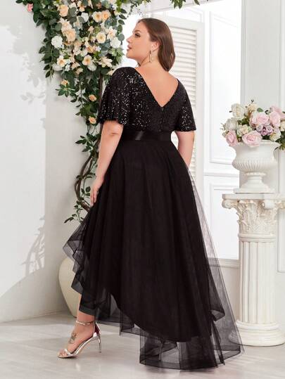 Vestido de noche de tul negro con dobladillo alto-bajo, bloque de color y lentejuelas, vestido formal elegante para mujer, atuendo para invitados de boda, ceremonia de graduación, gala, fiesta de carnaval, talla grande