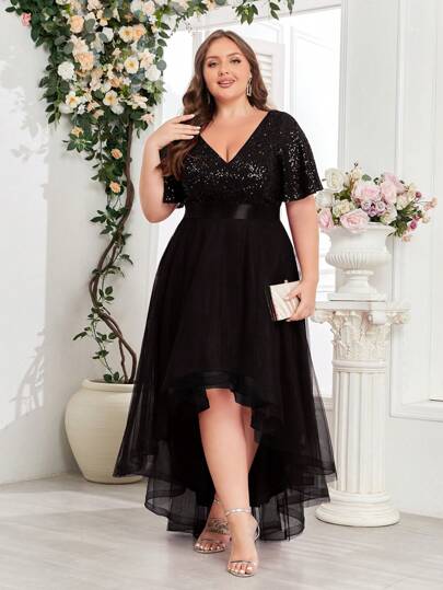 Vestido de noche de tul negro con bajo asimétrico, con bloques de color y lentejuelas, vestido formal elegante para mujer, atuendo para invitada de boda, ceremonia de graduación, gala, carnaval, talla grande