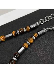 1 Peça Pulseira de Contas de Olho de Tigre Geométricas de Aço Inoxidável para Homens, Estilo Retrô Francês da Moda, Adequado para Uso Diário, Transporte, Festa, Feriado, Oração ou Presente - Multicolorido - Visão 3