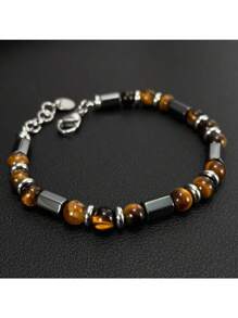 1 Peça Pulseira de Contas de Olho de Tigre Geométricas de Aço Inoxidável para Homens, Estilo Retrô Francês da Moda, Adequado para Uso Diário, Transporte, Festa, Feriado, Oração ou Presente - Multicolorido - Visão 4