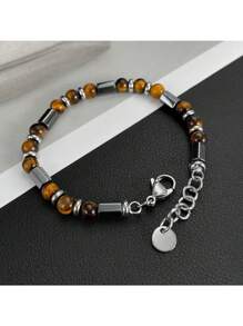 1 Peça Pulseira de Contas de Olho de Tigre Geométricas de Aço Inoxidável para Homens, Estilo Retrô Francês da Moda, Adequado para Uso Diário, Transporte, Festa, Feriado, Oração ou Presente - Multicolorido - Visão 1