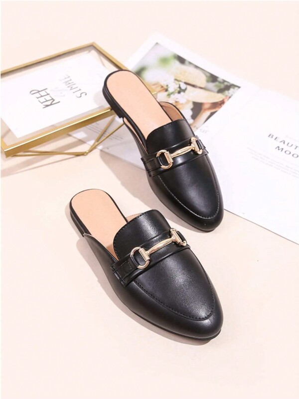 Women's Metal Buckle Decor Flat Mule Shoes, Brown Elegant Solid Color Metal Small Kitten Heel Mule Shoes, Women's Flat Slip-On Shoes