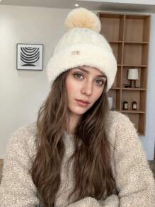 1pc Women's New Stylish Versatile Solid Color Fluffy Ball Logo Knitted Beanie, Winter Outdoor Warm Thick Earmuff Skullcap, Unisex Suitable For Daily Use Winter Christmas Beanie Hat