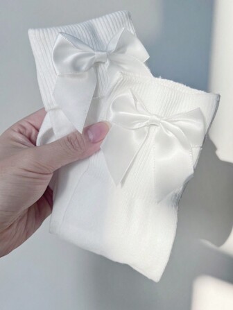 1 Pair Women's Cute Layered Socks With Detachable Bow Accent, Available In Cream, White, Suitable For Daily Wear, School/Student Style, Fall