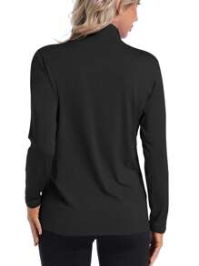 Womens Fall Fashion Long Sleeve Basic Tops 1/4 Zipper Crew Neck Fitted T-Shirt - Black - View 2