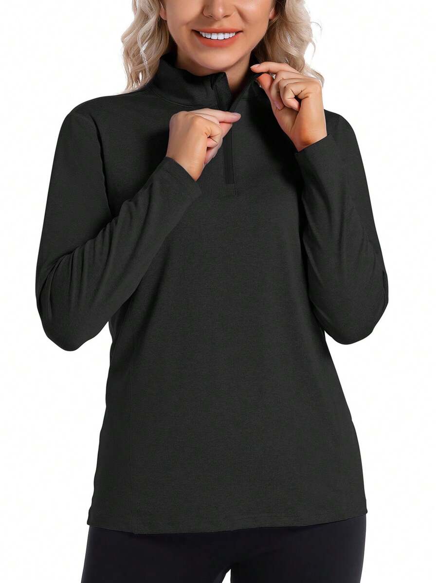 Womens Fall Fashion Long Sleeve Basic Tops 1/4 Zipper Crew Neck Fitted T-Shirt - Black - View 1