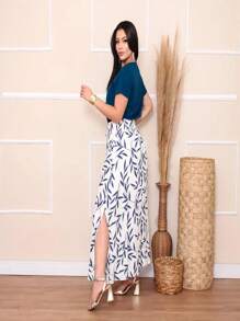 Steve Store Women's Fashion Viscose Fabric Skirt With Lining, Has Pocket And Slit On The Sides - azul com off - 查看 3