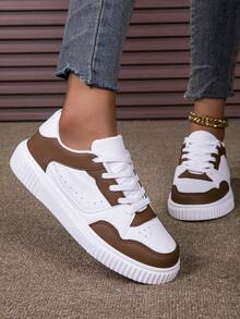 大码女式街头风格仿皮拼布休闲滑板运动鞋，深咖啡色 - 深咖色 - 查看 3