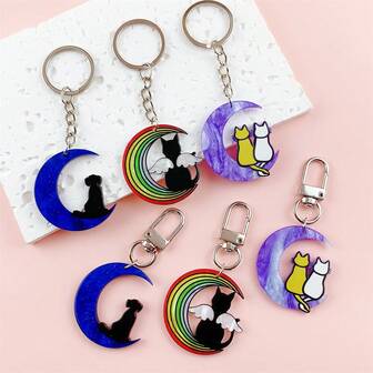 3 件装亚克力彩色猫和月亮设计钥匙扣