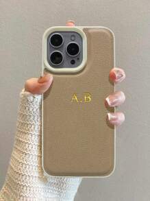 定制手机壳适用于 17 16 15 14 13 12 11 Pro Max 17 Air 个性化首字母名称 3D DIY 雕刻金色字母后盖烫印技术奢华韩国皮革防震外壳皮套 16 15 14 13 12 11 Pro Max - 米色 - 查看 2