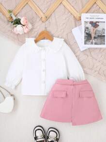 Conjunto de blusa blanca con cuello de volantes y falda asimétrica para niñas, conjunto lindo para el otoño/invierno - Rosa - Ver 2