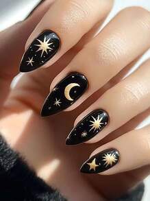 24 chiếc móng tay giả hình quả hạnh nhân có thiết kế hình ngôi sao vàng, mặt trăng và bầu trời đen, móng tay giả đơn giản và cao cấp để sử dụng hàng ngày - màu đen - Xem 1
