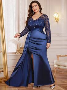 Plus V Neck Sequin Lace Contrast Draped Front Ruched Split Hem Satin Formal Party Long Dress, Wedding Guest Dress, For Graduation, Homecoming, Festivals - 藏蓝色 - 查看 3