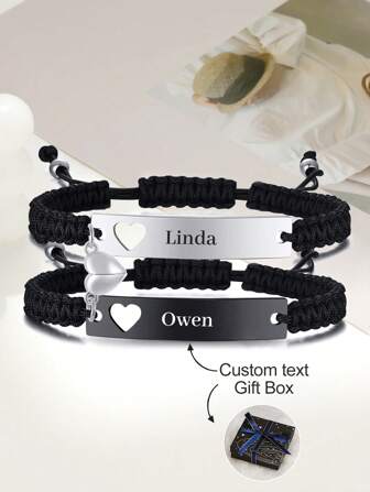 Pulsera magnética de corazón entrelazado personalizable - Collar de cuerda trenzada con cadena ajustable y caja de regalo incluida para parejas, familia y seres queridos, negro, plateado, elegante, colorido, vintage, unisex, hipster, simple, casual, personalizado, único, regalo ideal para él, regalo ideal para ella, novia, novio, papá, mamá, familia, amigos, para aniversarios, para cumpleaños, para graduación, para baile de graduación, para fiestas, glamour de Año Nuevo