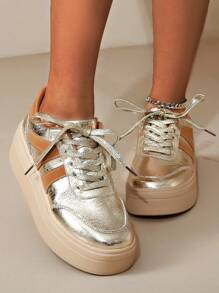 大码女士时尚厚底系带运动鞋，金色装饰，休闲舒适日常穿着厚底鞋 - 金色拼棕色 - 查看 1