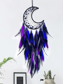 1 Pc Moon Faux Pearl Crystal Chip Dream Catcher Wall Hanging Decor, Handmade Wind Chime Suitable For Home, Study, Balcony, Wedding Party Decoration (Feather Is Artificial) Festival Decoration Rama, Home Decor, Room Decor, Wall Decor Gifts Birthday Graduation