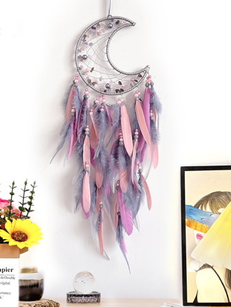 1 Pc Moon Faux Pearl Crystal Chip Dream Catcher Wall Hanging Decor, Handmade Wind Chime Suitable For Home, Study, Balcony, Wedding Party Decoration (Feather Is Artificial) Festival Decoration Rama, Home Decor, Room Decor, Wall Decor Gifts Birthday Graduation
