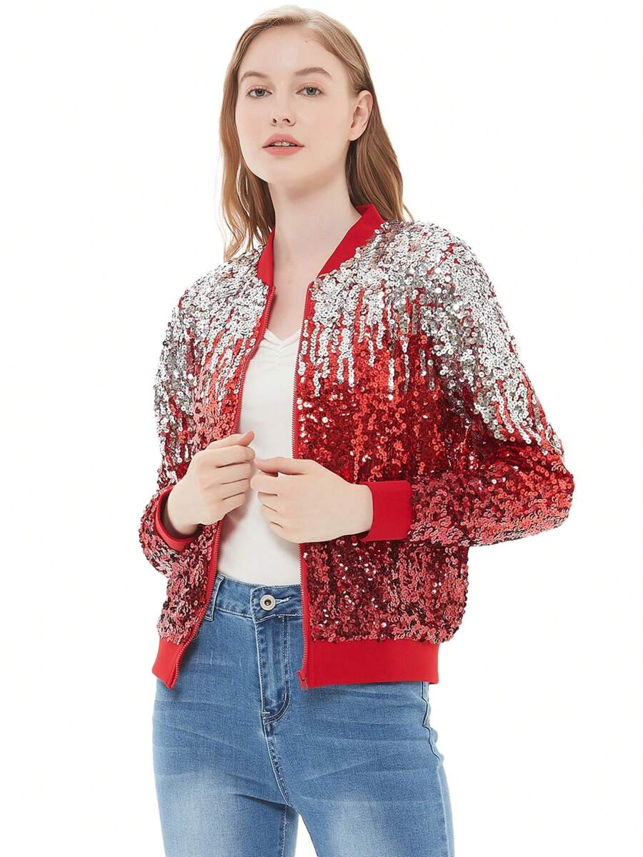 Chaqueta de manga larga con cremallera frontal y puños acanalados, con lentejuelas, para mujer, ideal para fiestas - Plata y rojo - Ver 1